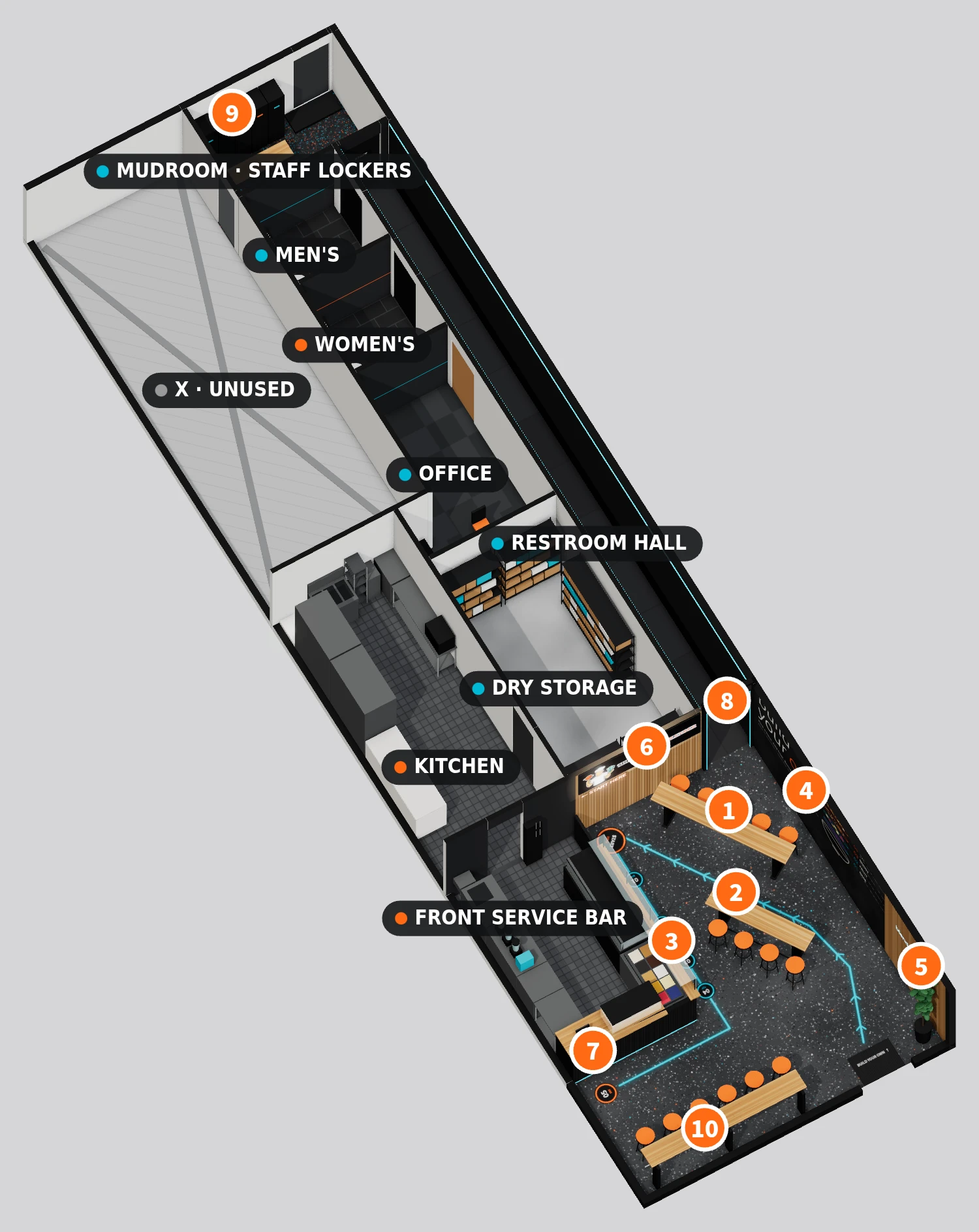 3D cutaway of The Athlete's Blender prototype store: seating with wood bar tops, front service bar, window bar, kitchen, dry storage, office, restrooms, and staff mudroom